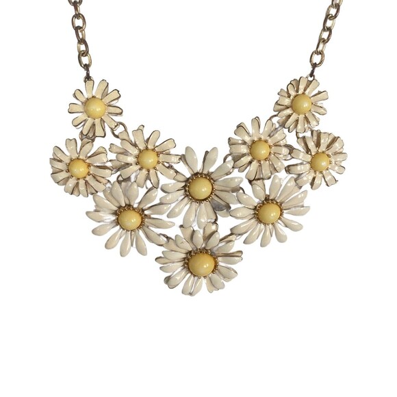 Daisy Sunflower Floral Statement Necklace Women White Enamel Yellow Pearl Center - Picture 6 of 16